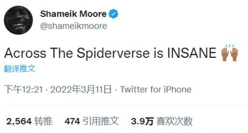 《蜘蛛侠：纵横宇宙》主演沙梅克·摩尔：这片子太疯狂了！