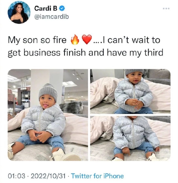 Cardi B晒儿子可爱吐舌照 直言迫不及待想生三胎