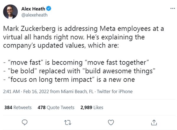 扎克伯格|Facebook改完名还要喊口号，扎克伯格呼吁员工把公司放在第一位