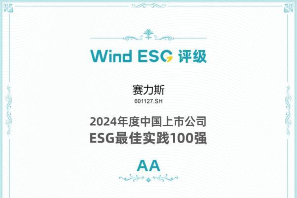 赛力斯荣登Wind2024年度ESG最佳实践百强榜