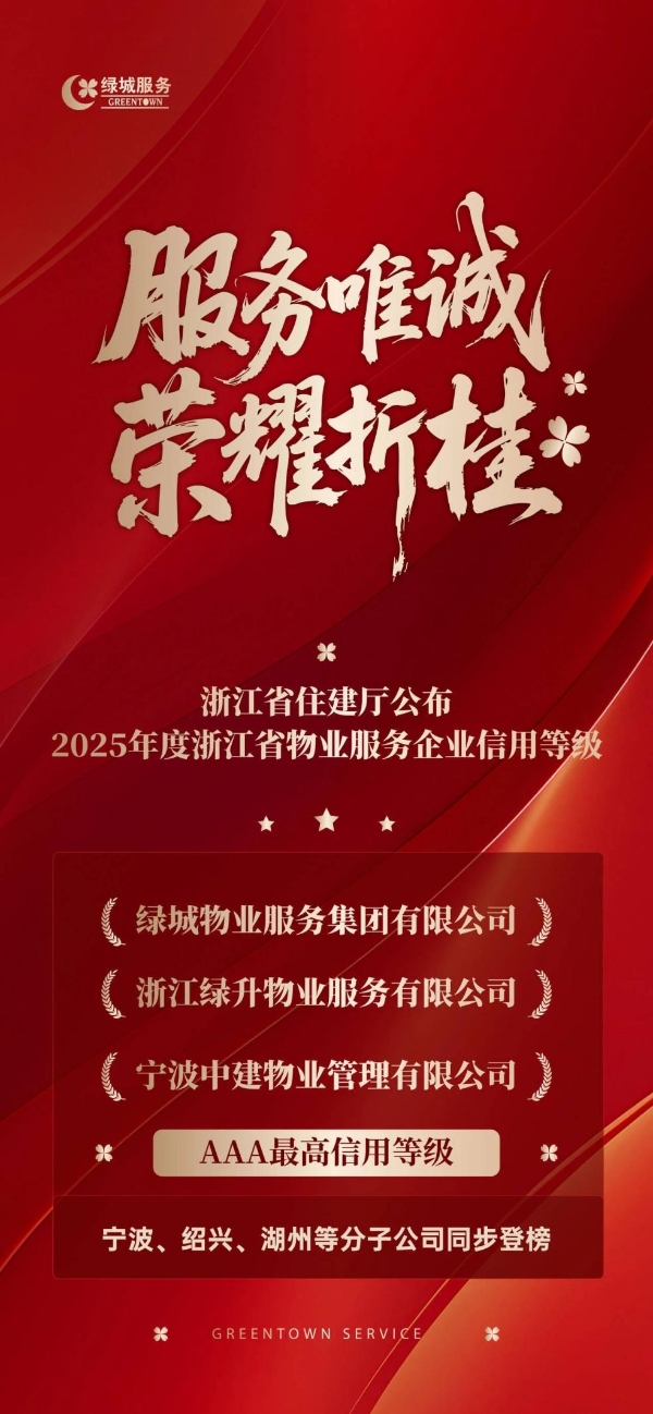 绿城服务连续七年获评浙江省物业服务信用AAA级企业