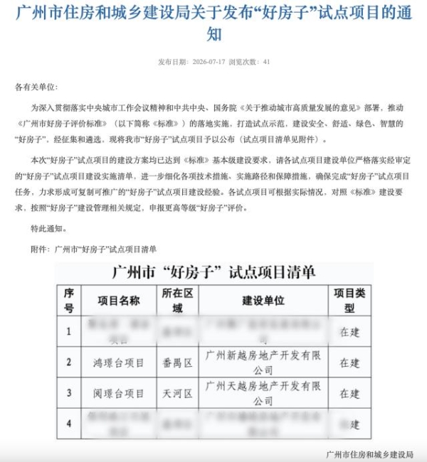 广州官宣首批“好房子”标杆项目，越秀地产双盘入选占据半数席位