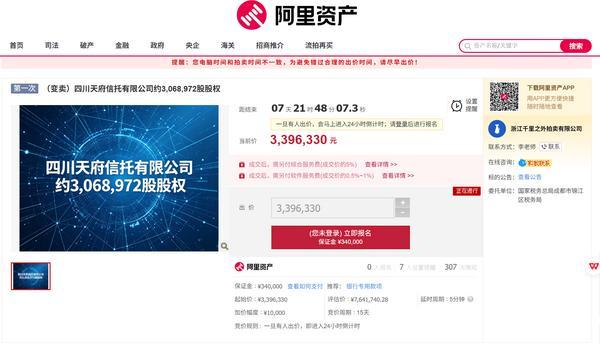 天府信托约3,068,972股股权被挂牌转让 起拍价339.63万元