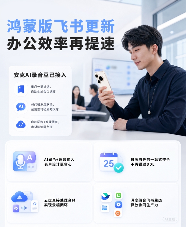 鸿蒙版飞书更新：支持安克AI录音豆，实时转写、自动纪要，让办公效率再提速 