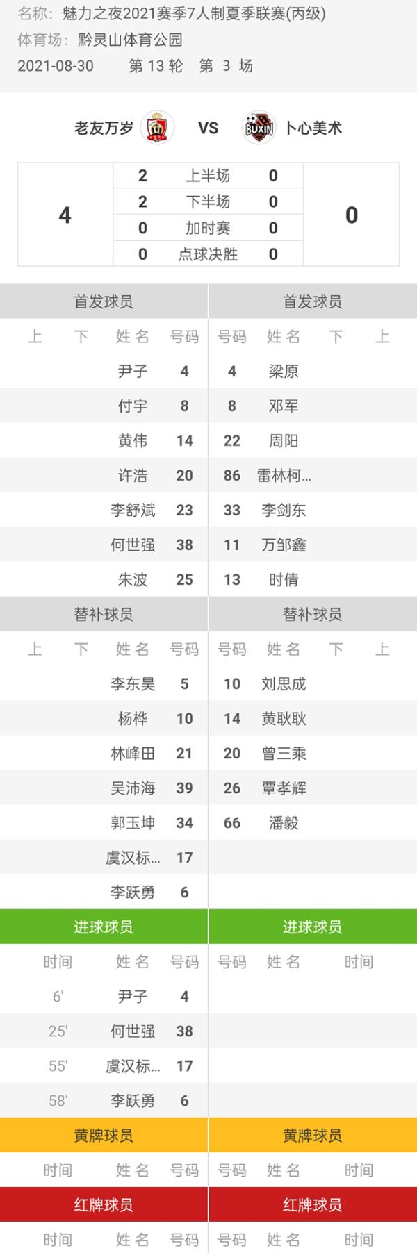 魅力之夜2021赛季7人制足球夏季联赛 老友万岁4-0卜心美术