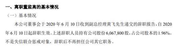 志能祥赢副总经理黄飞辞职持有公司196股份