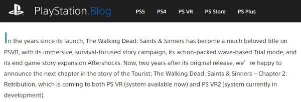 PlayStation博文称，PSVR 2或将于2023年推出