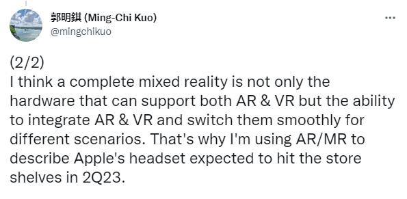 郭明錤：“AR/VR模式”将是苹果MR头显关键卖点