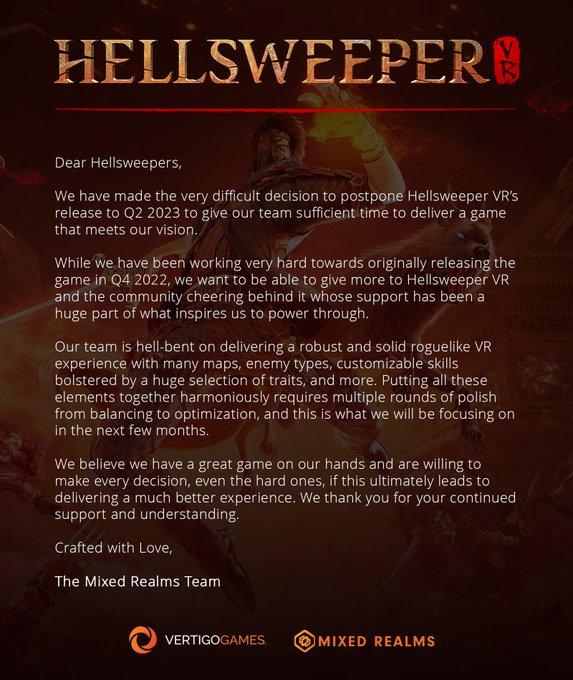 黑暗奇幻格斗游戏「Hellsweeper VR」将推迟到明年发布