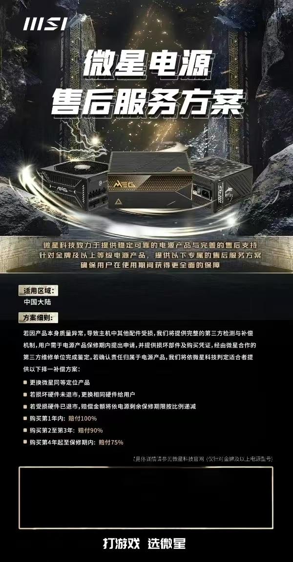 微星升级电源售后服务，推出“连带损伤全额赔付”机制