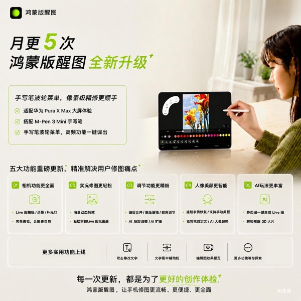 月更5次！鸿蒙版醒图适配华为Pura X Max手写笔，AI扩图、Live修图全都有