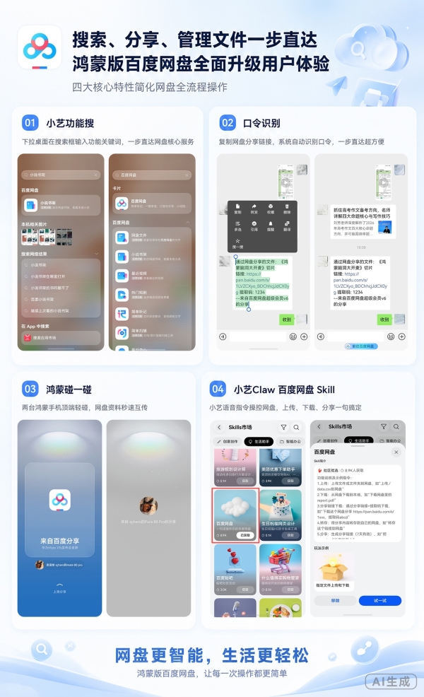 小艺搜功能+意图框架口令直达：鸿蒙版百度网盘高频操作一步到位