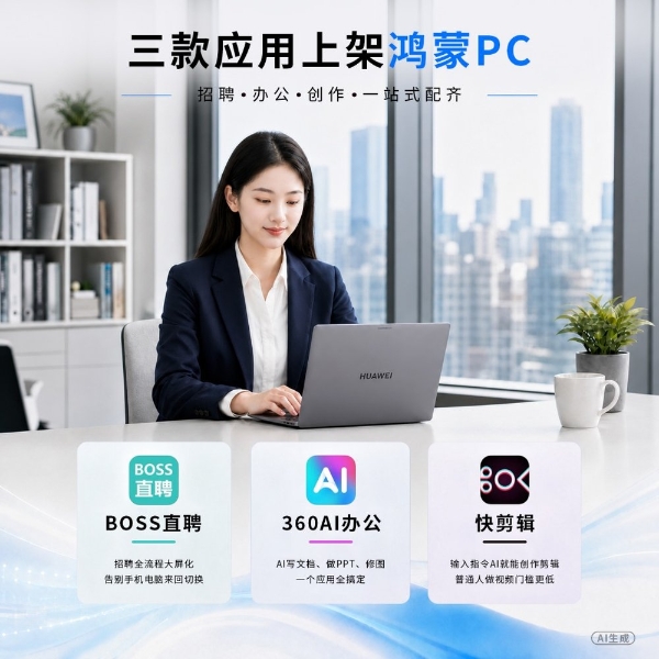 找工作、办公、创作一站式配齐！BOSS直聘、360AI办公、快剪辑上线鸿蒙PC 