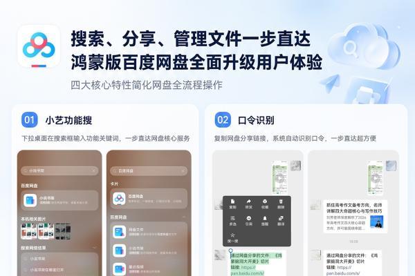 小艺搜功能+意图框架口令直达：鸿蒙版百度网盘高频操作一步到位 