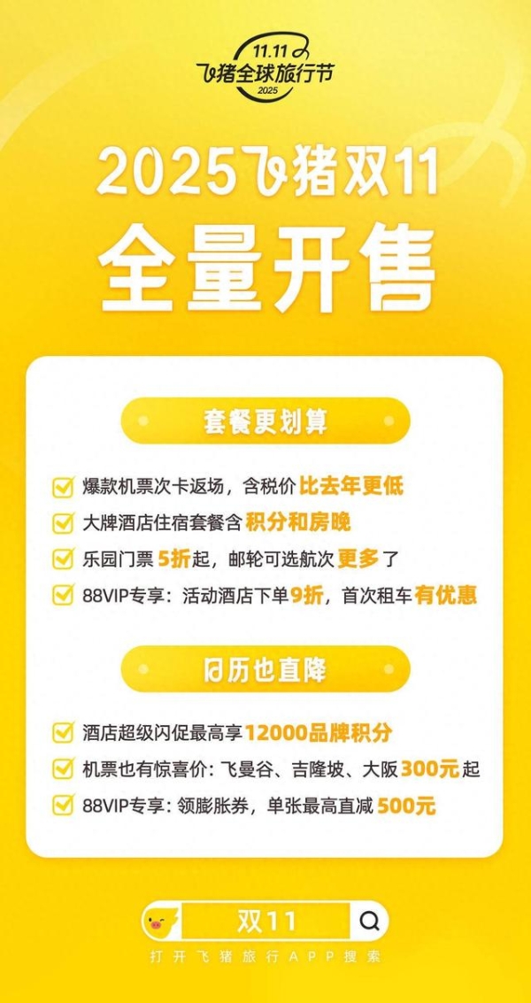 套餐、日历都划算！飞猪双11今晚20点开售