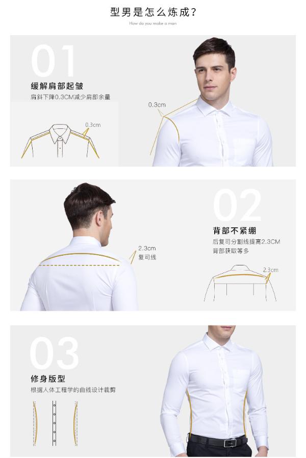 背部提高复司分割线,穿着舒适,背后不紧绷;版型修身,符合人体流线的