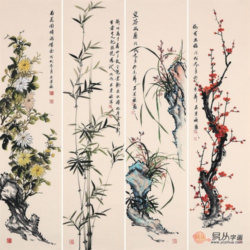 梅兰竹菊四条屏看石荣禄如何演绎君子风