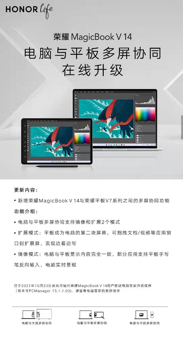 荣耀MagicBook V 14与荣耀平板互联正式升级，支撑镜像、扩展模式