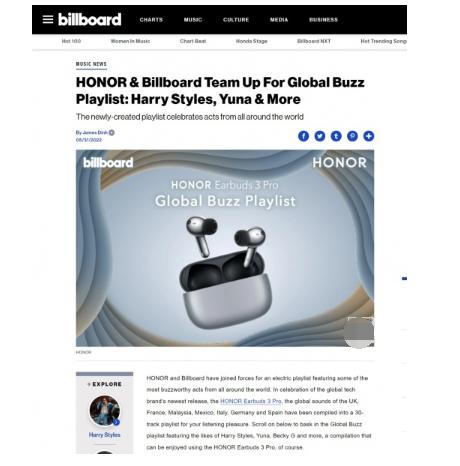  《Billboard公告牌携手荣耀耳机Earbuds 3 Pro发布专属歌单，好歌就用好耳机听》