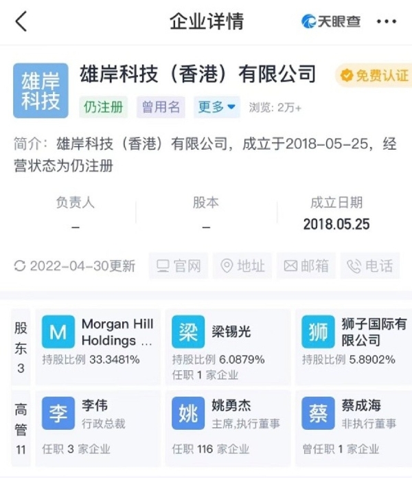 翔鑫资本完成对雄岸科技1亿流通股的接收