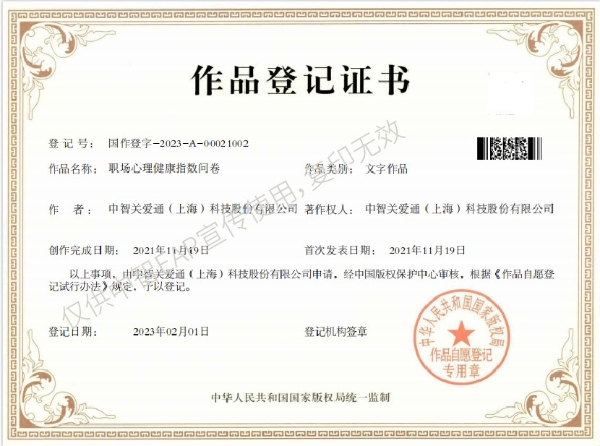  《职场心理健康指数问卷》新获作品著作权
