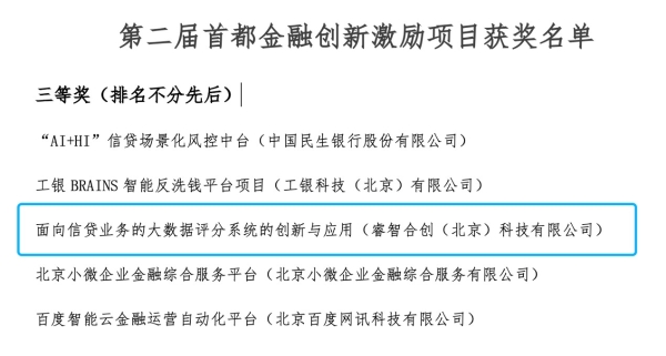  睿智科技大数据评分荣获第二届“首都金融创新激励项目”三等奖