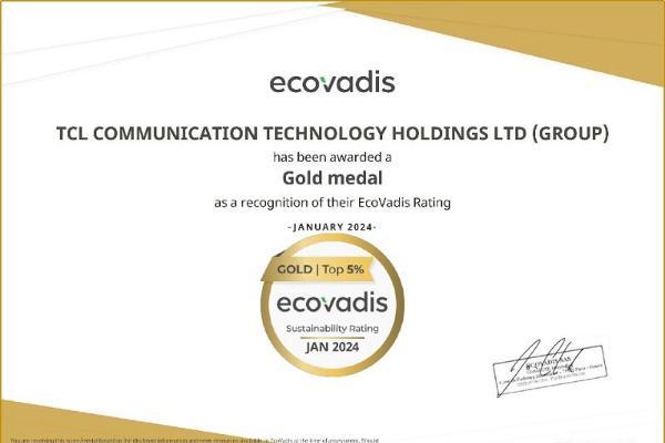 TCL通讯荣获EcoVadis全球可持续发展评级金牌勋章 