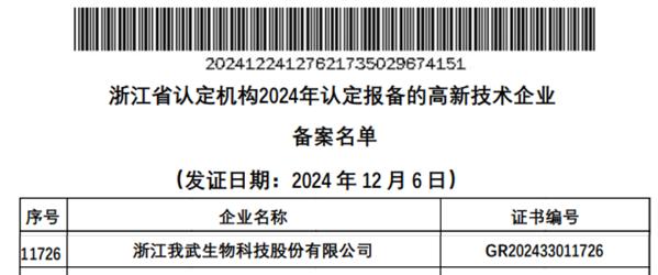 我武生物荣膺国家高新技术企业认定，科技创新再获权威认可