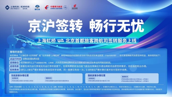  东航联合虹桥机场、国航推出“上海虹桥—北京首都”往返快线跨航司自愿签转服务 