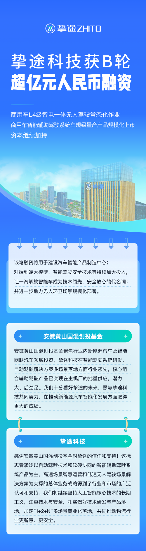  商用车自动驾驶公司挚途科技完成超亿元B轮融资首轮交割 