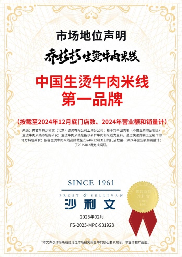 沙利文权威认证！乔杉杉登顶“中国生烫牛肉米线第一品牌”