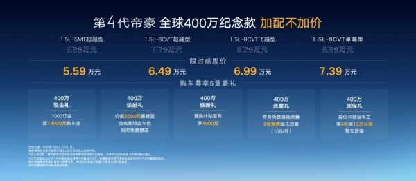 加配不加价，第4代帝豪全球400万纪念款成都上市，限时5.59万元起售 