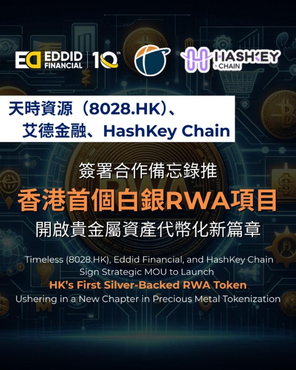 艾德金融、天时资源、HashKey Chain签署合作备忘录，推动香港首个白银RWA项目 