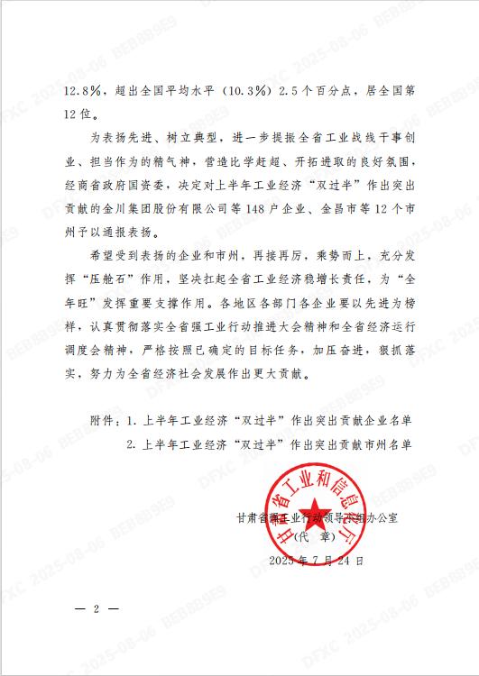 德福科技子公司德福新材获甘肃省通报表扬 彰显工业经济标杆力量 