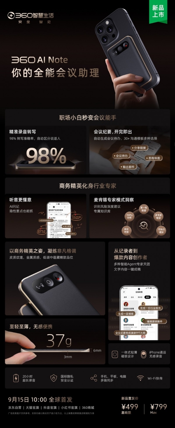 “听记思写”一体！三六零发布Agentic AI硬件360 AI Note，重新定义智能会议