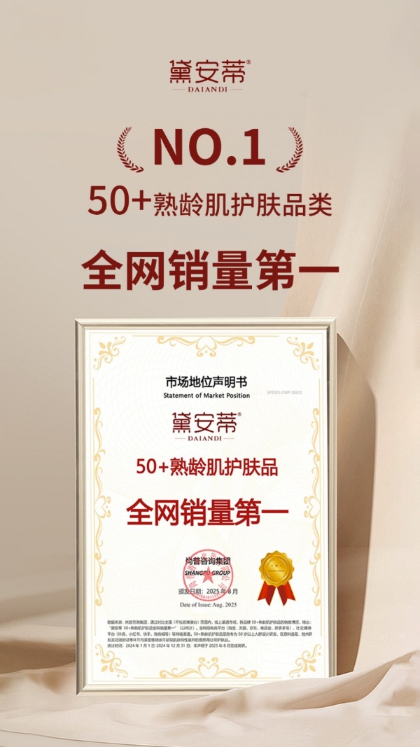50+护肤赛道再添权威背书！黛安蒂斩获 “品类开创者 + 全网销冠” 双认证 