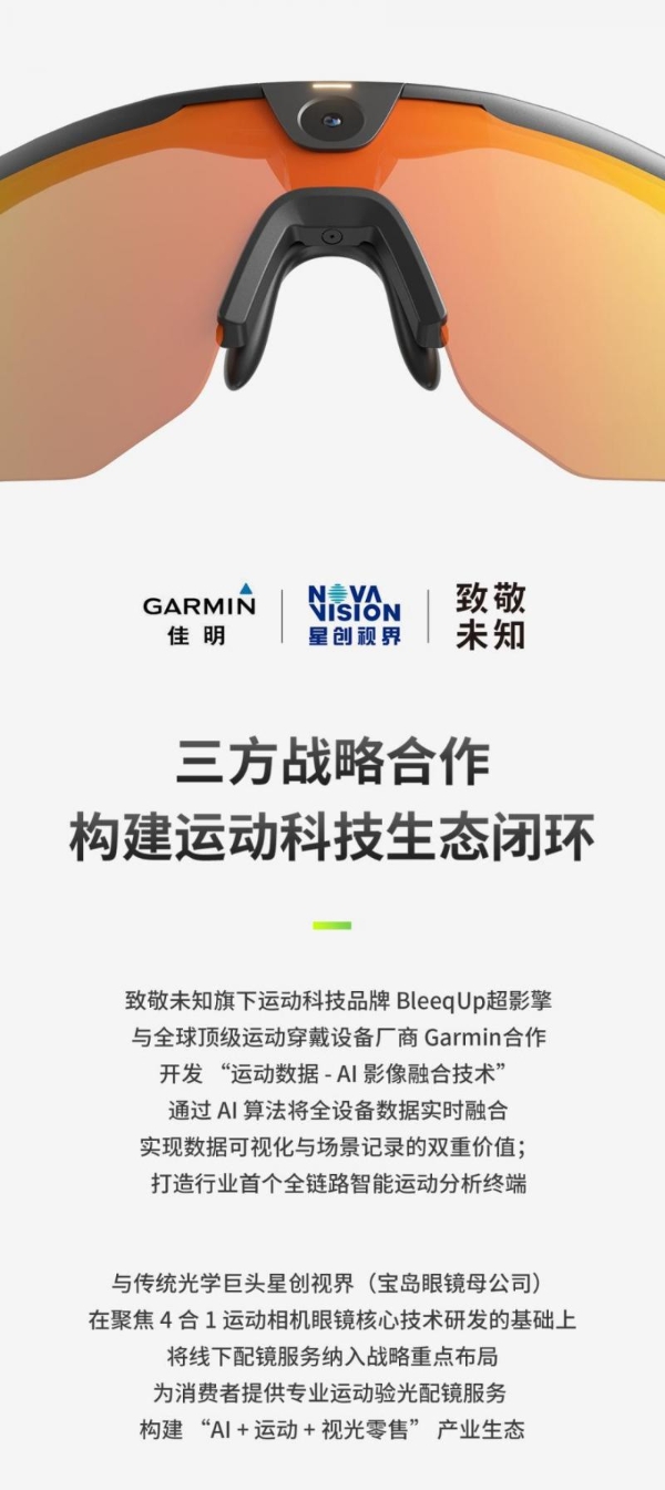 致敬未知旗下品牌BleeqUp超影擎与佳明（Garmin）达成战略合作，4合1AI运动拍摄眼镜今晚国内发售 