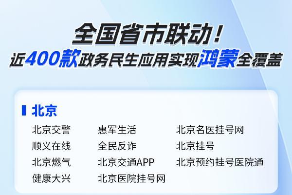 政务服务迈进鸿蒙时代：全国32省份近400款地市级政务民生应用完成鸿蒙化 