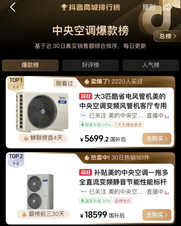 美的中央空调双十一捷报频传，抖音平台强势领跑！ 