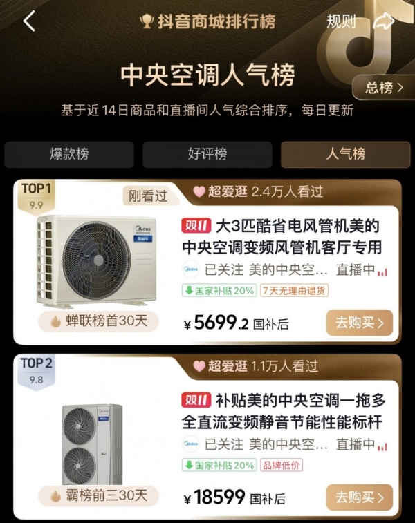 美的中央空调双十一捷报频传，抖音平台强势领跑！ 