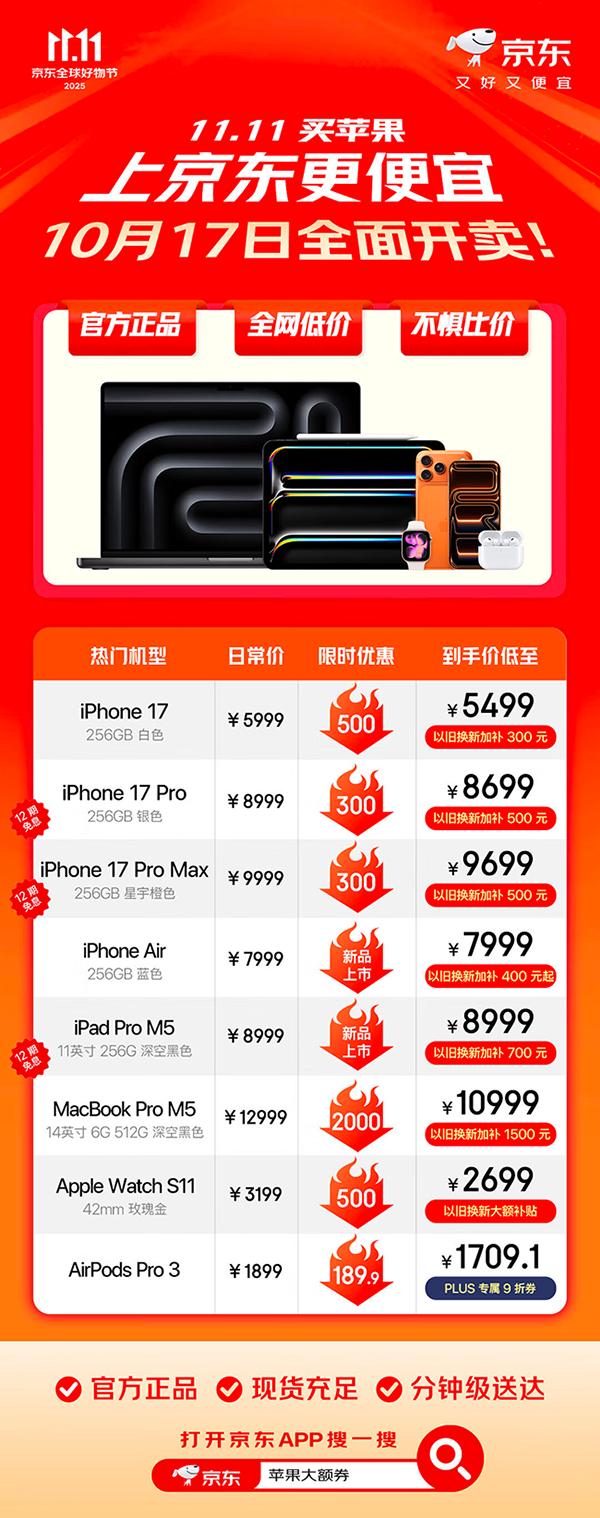 京东11.11率先现货开启Apple产品大促 iPhone 17 Pro Max低至9699元 