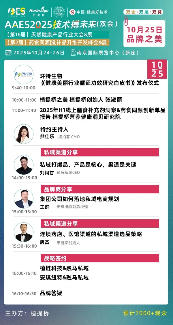 免费领票！AAES2025南京10月大会终版日程|高技术壁垒原料、新增长赛道、药食同源新品类助你抢占先机 