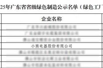 响应制造强国战略！小熊电器获评“广东省省级绿色工厂” 
