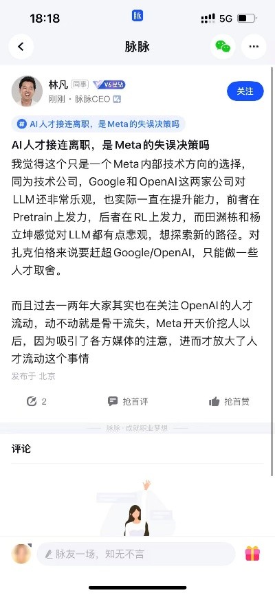 脉脉林凡参加“AI圆桌π对”,认为Meta要赶超同行，需要做人才取舍 