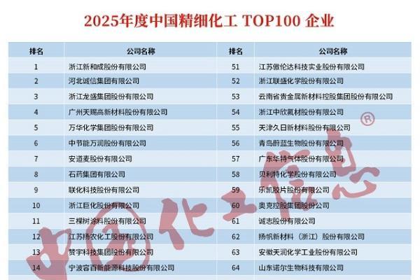 2025中国精细化工TOP100发布！ 