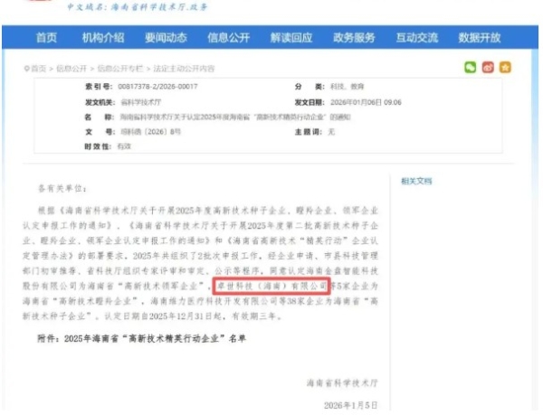 《卓世科技斩获海南“高新技术瞪羚企业”并登顶民企研发投入20强》 
