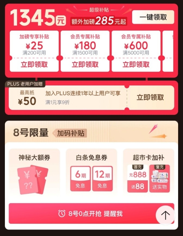  京东PLUS会员年度盛典：超级联名卡“买一得五”、最高领1345元超级补贴券 