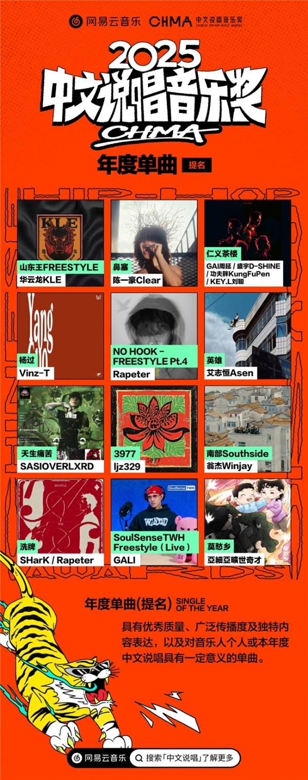  网易云音乐2025中文说唱音乐奖提名揭晓 《在雨后醒来》《羞于启齿》《龙年》等入围年度专辑 