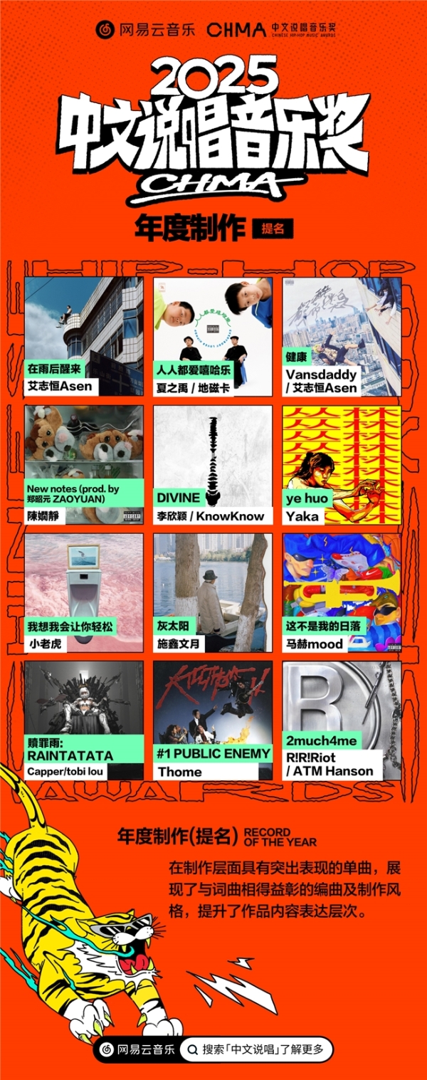  网易云音乐2025中文说唱音乐奖提名揭晓 《在雨后醒来》《羞于启齿》《龙年》等入围年度专辑 