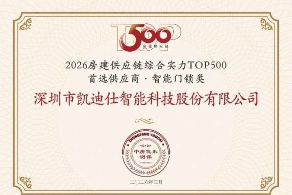 Kaadas凯迪仕连续10年荣膺“房建供应链TOP500智能门锁类首选品牌”综合实力第一 